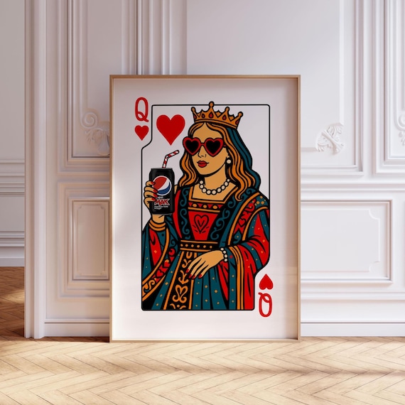 Queen of Hearts Pop Art Poster, Pepsi Max Wall Art Print, Modern Playing Card Decor, Retro Pop Culture Artwork Gift, Pepsi max lover gift
