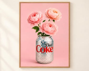 Diet Coke Peony Print, Pink Floral Wall Art, Disco Ball Can Poster, Colourful Kitchen Art, Maximalist Gallery Wall Decor