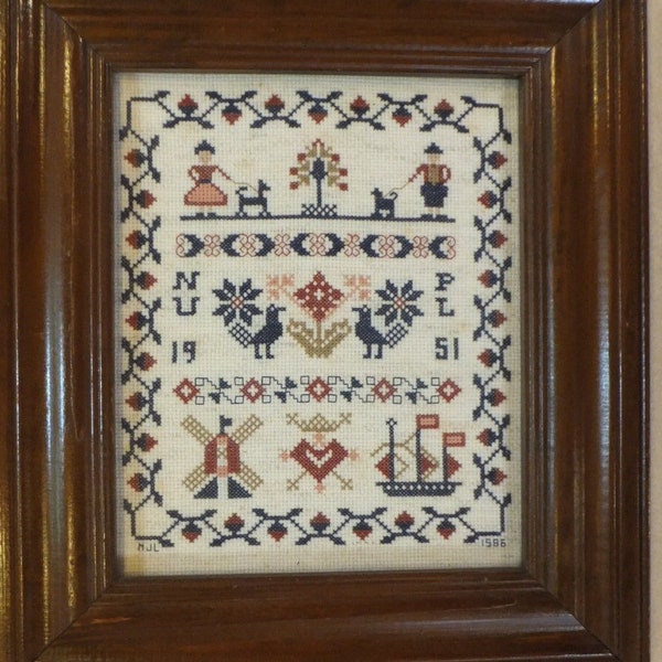 Framed Dutch Wedding CROSS STITCH SAMPLER Entry In Rockome Gardens Show Arcola Illinois Dated 1986