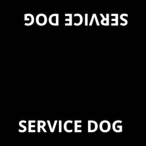 May include: A black rectangular sign featuring the white text SERVICE DOG printed at the top and bottom, with the text DO NOT INTERACT printed vertically along both sides. A small logo with a dog illustration is located in the bottom right corner.