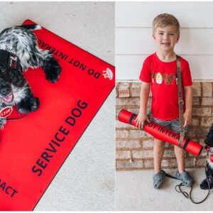 May include: A bright red rectangular mat with the text SERVICE DOG and DO NOT INTERACT printed in black. A black and white spotted dog wears a red collar with a stop sign tag. A matching red cylindrical tube with the same text is also shown.