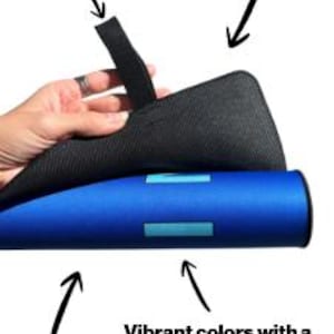 May include: A blue mat with light blue rectangular accents that rolls up and secures with a black elastic strap. The underside is black and non-skid. Text on the image includes: Rolls up easy and secures with elastic, Non Skid, Machine Washable, and Vibrant colors with a clear message designed specifically for your dogs needs.