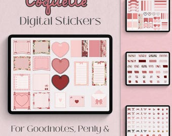 Coquette Valentine’s Day Digital Sticker Set | Pink & Red Aesthetic Stickers for Digital Planners | Cute Romantic PNG Stickers