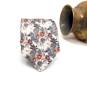 Gray and Orange Floral Men Necktie, Floral Necktie, Wedding Tie, Groom Necktie, Mens Necktie