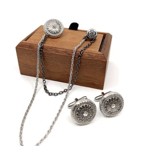 Silver Collar Chain Brooch Set, Jacket Lapel Pin, Cufflink, Handmade Lapel Brooch, Gift For Him, Men&#39;s Jewellery Accessory, Mens Gifts