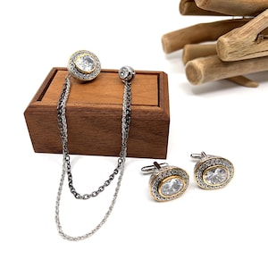 Silver Collar Chain Brooch Set, Jacket Lapel Pin, Cufflink, Handmade Lapel Brooch, Gift For Him, Men&#39;s Jewellery Accessory, Mens Gifts