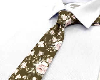 Olive Green Neck Tie, Blush Pink Floral Men Necktie, Floral Necktie, Wedding Tie, Groom Necktie, Mens Necktie