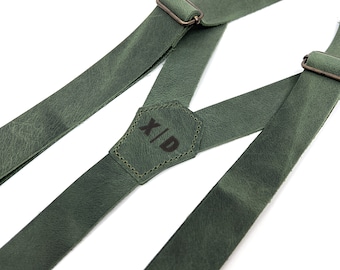 Green Leather Suspenders, Personalized Groomsmen Suspenders, Olive Green Suspenders, Leather suspenders, suspenders for adults boys