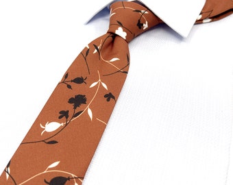 Burnt Orange Neck Tie, Floral Necktie, Wedding Floral Tie, Groomsmen Floral Tie, Wedding Tie, Groom Necktie, Mens Necktie
