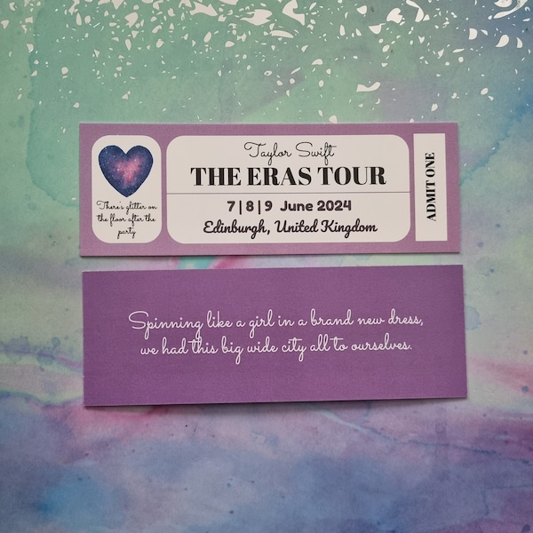 Eras Tour Ticket Signet | concert au Royaume-Uni | Taylor | Double face | Paroles de chanson | Carte