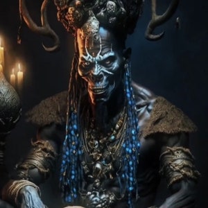 May include: A dark-skinned figure with a skeletal face, wearing a headdress with antlers and blue beaded necklaces. The figure is adorned with gold jewelry and has a menacing expression.