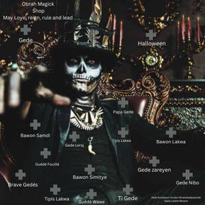 Puede incluir: Una persona con pintura facial de calavera y un sombrero de copa, sentada en una silla decorativa. La imagen incluye el texto "Obrah Magick Shop" y "May Love, reign, rule and lead". La imagen tiene varias etiquetas de texto.