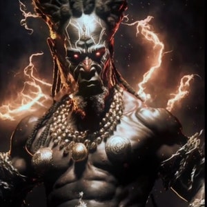 May include: A dark-skinned figure with dreadlocks and glowing red eyes, wearing gold jewellery and a leather strap around their arm. The figure is surrounded by a fiery orange and yellow background with lightning bolts.
