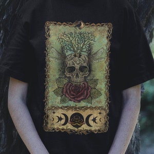 Goblincore Fairycore Grunge Dark Cottagecore Aesthetic Tshirt - Witchy Tarot Mystical Skull Rose Celestial Moon Phase - Gothic Clothing Vibe