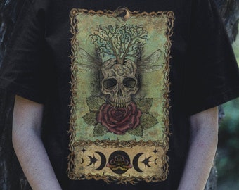 Witchy Tarot Skull Rose T-Shirt - Gothic Moon Phase Clothing