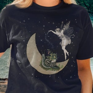 Magical Fairy Cottagecore Snail Mushroom Moon Tshirt - Crescent Moon and Stars Magic Wand - Victorian Fairycore Gothic Vintage Illustration