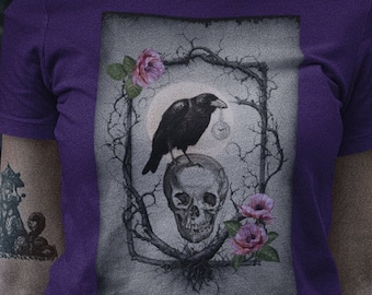 Memento Mori T-Shirt - Gothic Raven, Skull & Floral Design
