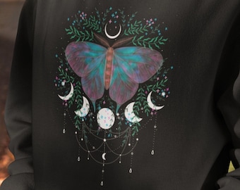 Celestial Moon Phase Moth Hoodie - Vintage Boho Sweatshirt