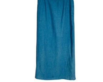 Vintage Timbuktu Station Womens 100% Linen Skirt 1/M Blue Pockets Pull On Maxi