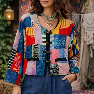 May include: A colorful patchwork jacket with a V-neck and toggle closures. The jacket features a variety of fabric patterns in shades of blue, red, yellow, and pink. The sleeves are three-quarter length. The jacket is worn over a black top and blue pants.