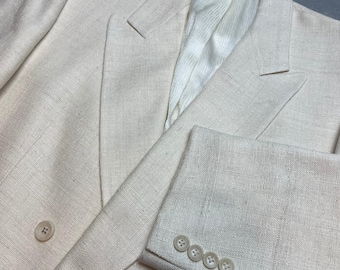 Vtg Halston Mens 100% Silk Blazer Sz 44L Cream Double Breasted Sport Peak Collar