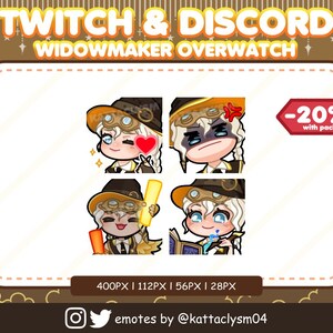 May include: Set of four Overwatch Widowmaker Twitch emotes featuring different expressions. The emotes are in a cartoon style and feature Widowmaker wearing her signature outfit. The emotes are 400px by 112px, 56px by 28px, and 20% off with a pack. Emotes by @kattaclysm04.