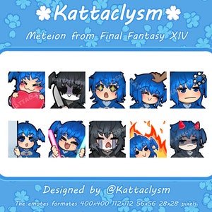 Puede incluir: Un conjunto de nueve emoticonos digitales que presentan un personaje de pelo azul con diferentes expresiones. El personaje es del videojuego Final Fantasy XIV. Los emoticonos están diseñados por @Kattaclysm y están disponibles en cuatro tamaños: 400x400, 112x112, 56x56 y 28x28 píxeles.