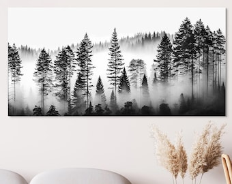 Foggy Mountain Pine Forest, Grande toile imprimée, Photographie noir et blanc, Art mural nature moderne minimaliste, Paysage abstrait Boho