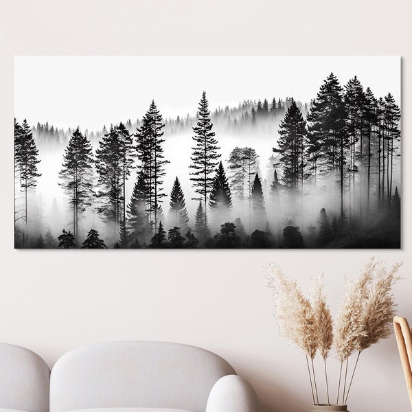 Foggy Mountain Pine Forest, Grande toile imprimée, Photographie noir et blanc, Art mural nature moderne minimaliste, Paysage abstrait Boho