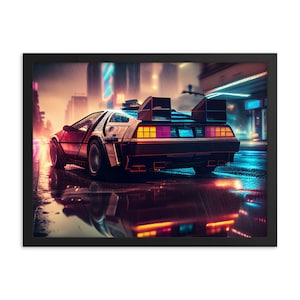DeLorean anni '80 RetroWave Poster in carta fotografica incorniciato