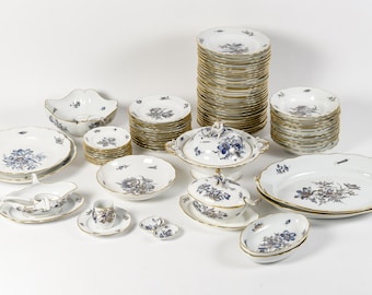 Rare Meissen Porcelain Dinnerware Set for 12 | Blue & Gold Floral