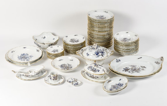 Rare Meissen Porcelain Dinnerware Set for 12 | Blue & Gold