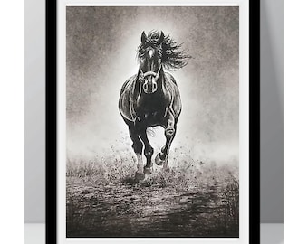 Majestic Black Horse Charcoal Drawing – Galloping Stallion Fine Art
