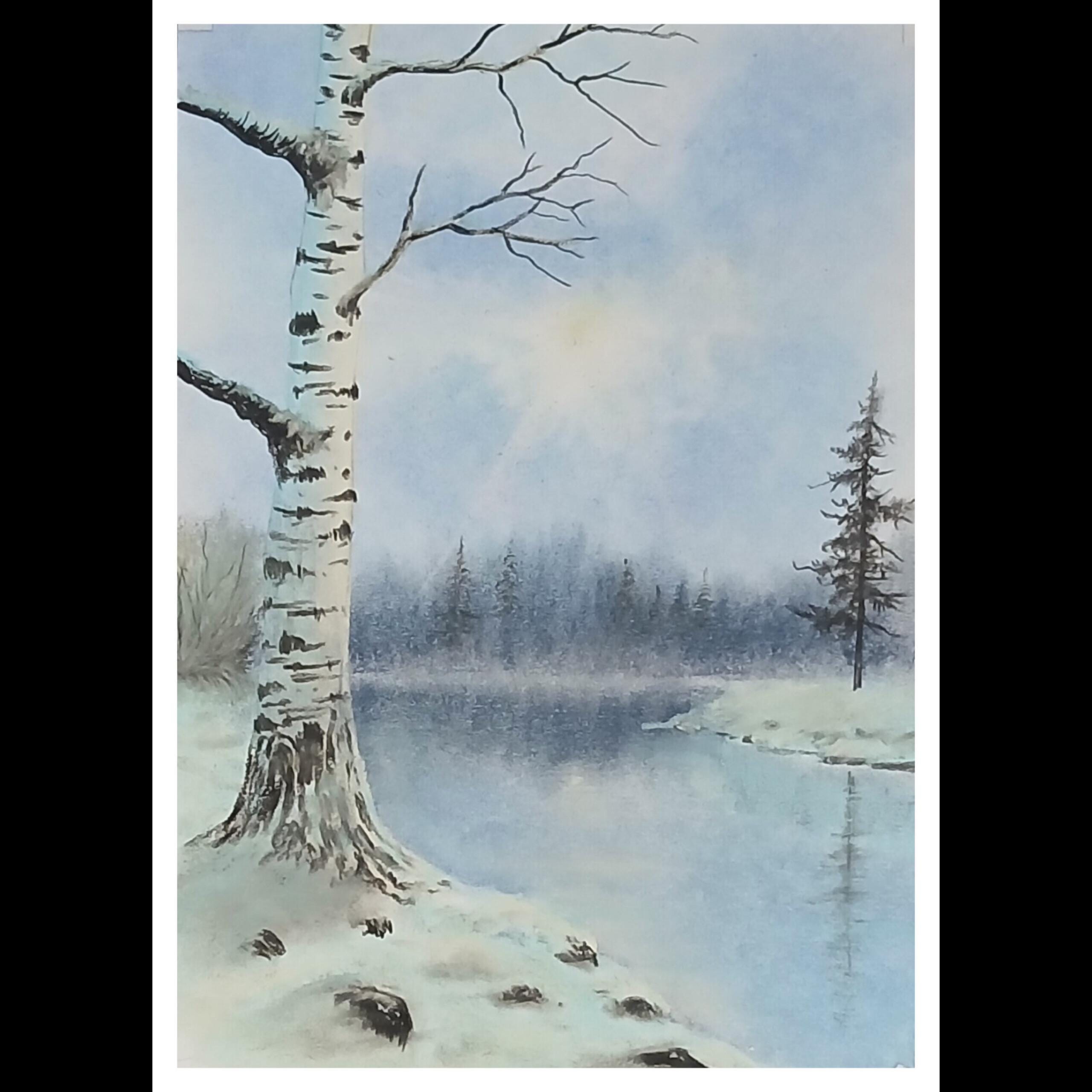 Birch tree winter scenery landscape painting