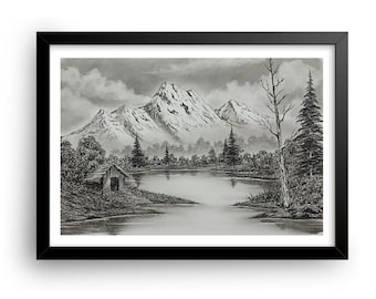 Originele houtskoollandschapstekening - realistische muurkunst sneeuwberg en merenlandschap, handgemaakte natuurschets voor woondecoratie.