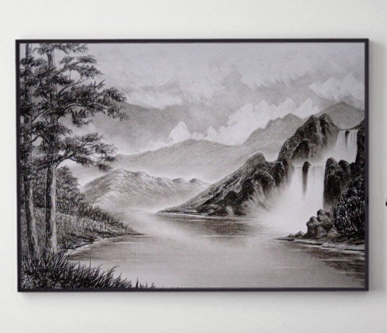 1 waterfall mountain landscape drawing pencil art scenery etsy
