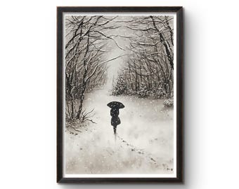 En flicka med paraply i snöfallslandskap / original träkolskonst /