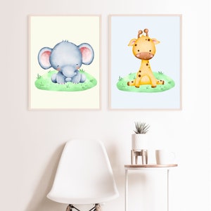 DIGITAL DOWNLOAD | Set of 2 Printable Wall Art | Elephant and Giraffe| Baby Room, Pastel, Animal, Home Decoration