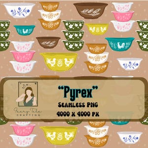 Puede incluir: Un patrón sin costuras con una variedad de cuencos Pyrex vintage en tonos marrones, verdes, amarillos, rosas y azules. Los cuencos están decorados con diseños florales, de pájaros y de hojas. También se ve el texto "Pyrex" y "Seamless PNG".