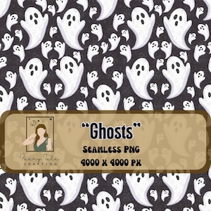 Peut inclure: Un motif numérique sans couture représentant des fantômes blancs de dessin animé avec des yeux ovales et des bouches ouvertes sur un fond gris anthracite foncé. Un encart rectangulaire beige affiche le texte Ghosts, SEAMLESS PNG, 4000 X 4000 PX.