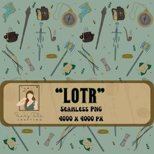 May include: Seamless PNG pattern with a light green background featuring illustrations of fantasy elements such as swords, bows, axes, compasses, and rings. The text "LOTR" is displayed in bold letters, along with "SEAMLESS PNG" and the dimensions 4000 x 4000 px.