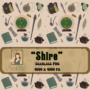 May include: A seamless PNG pattern with fantasy illustrations, including a hobbit door, books, compasses, and bags. The design also features a wand, a pipe, and other related elements. The text "Shire" is displayed, along with "Seamless PNG" and dimensions.
