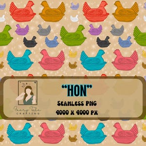 May include: A seamless PNG pattern featuring colorful illustrations of hens in various colors, including red, green, blue, and pink, set against a light brown background with star accents. The image includes the text "HON" and "SEAMLESS PNG 4000 X 4000 PX".