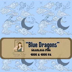 Peut inclure: Un motif de papier numérique sans couture représentant des dragons bleus volant dans un ciel rempli de nuages blancs et de croissants de lune. Le motif mesure 4000 x 4000 pixels et est intitulé "Blue Dragons".
