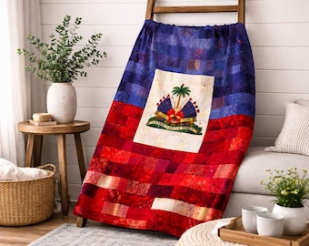 Haiti Flag Patchwork Blanket | Haitian Coat of Arms Velveteen Throw