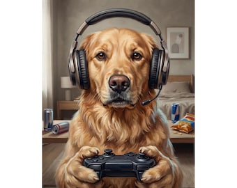 Custom Video Gamer Pet Portrait, Funny Personalized Dog or Cat Wall Art