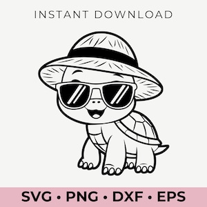 Linda tortuga con sombrero y gafas de sol SVG / Vector de animal marino / Clipart de tortuga divertida para Cricut / Diseño adorable de vida marina