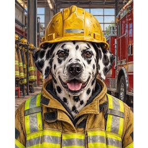 Custom Firefighter Pet Portrait, Personalized Dog or Cat Art, Fireman Gift