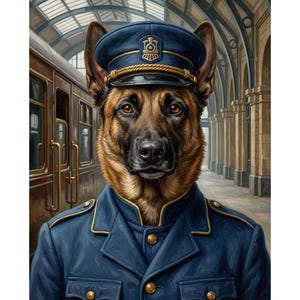 May include: A German Shepherd dog dressed as a train conductor, wearing a dark blue uniform jacket with gold buttons and a matching peaked cap featuring a gold train emblem. The dog is positioned in front of a vintage passenger train carriage.