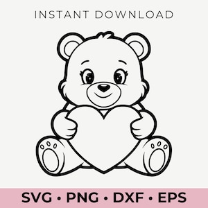 Ours avec coeur, ours en peluche Svg, ours en peluche Png, ours Cricut, ours couper fichier, clipart ours, contour ours en peluche